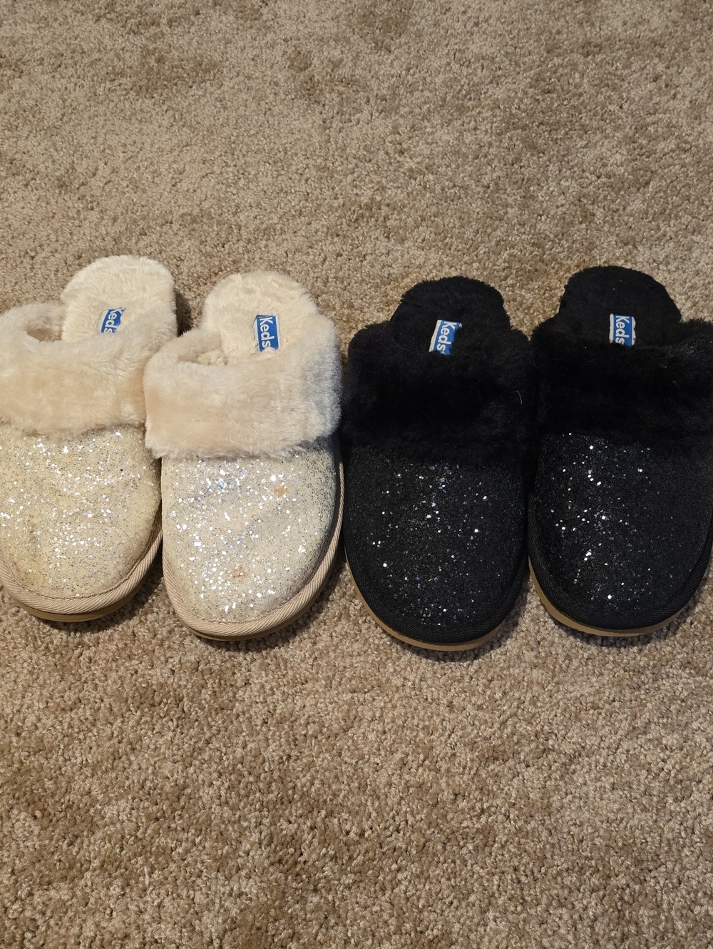 Keds Glitter Faux Fur Clog Slippers in Black and Cream